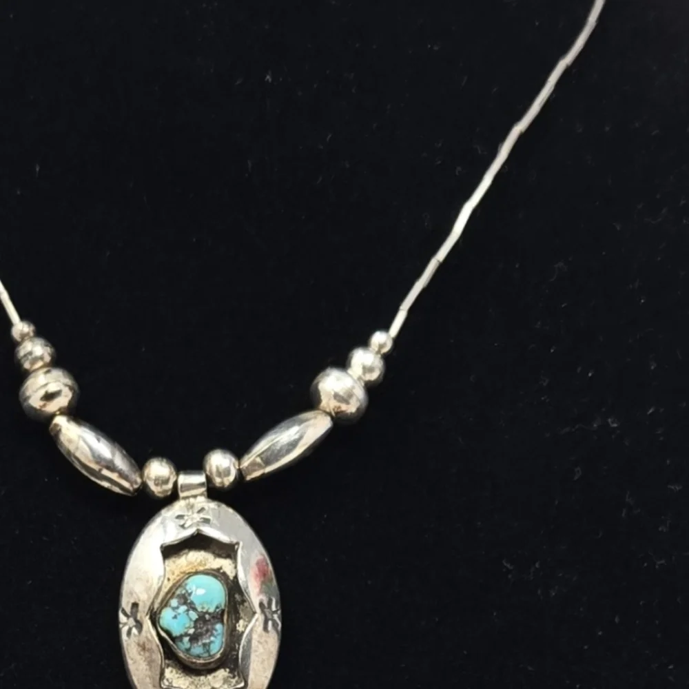 Vintage Sterling Silver Beaded Necklace With Turquise Stone Pendant 16 Inches - Picture 4 of 9